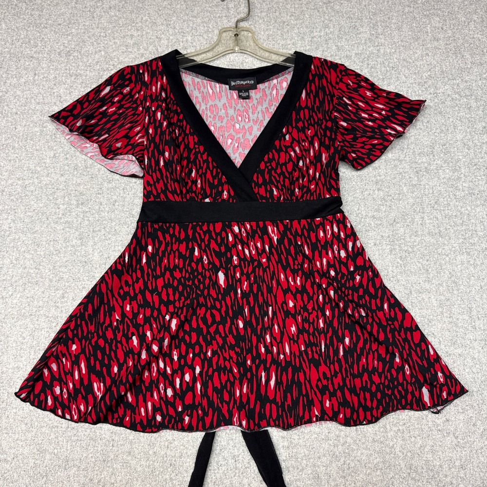 Hot Tempered | Animal Print Empire Waist Top | L | Red Black | V-Neck Back Ties